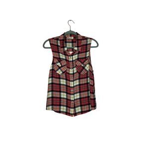SO Pink Plaid Flannel Sleeveless Button Down Shirt  Rayon Top Size Large